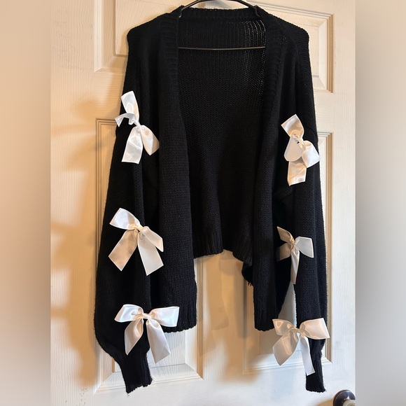 SHEIN Sweaters - Black Cardigan with White Bow Details